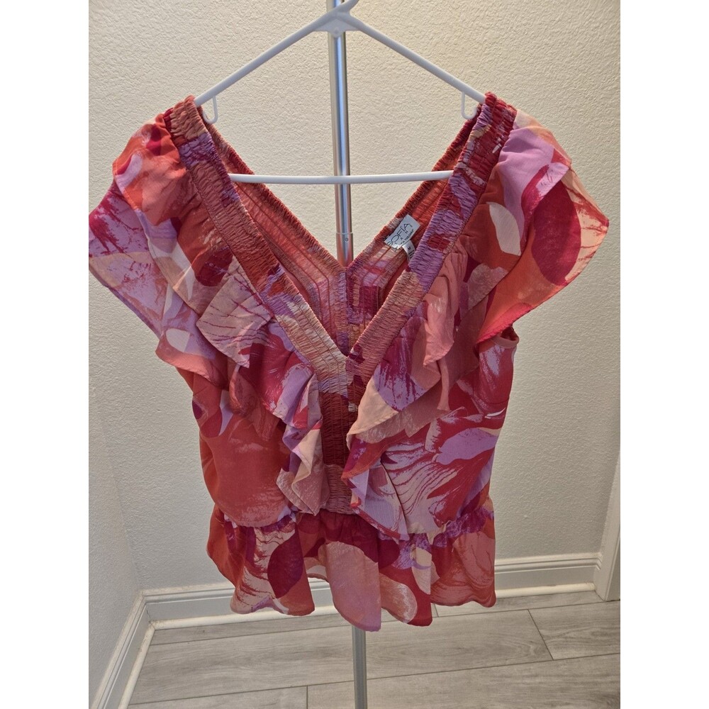 Sofia Jeans Sofia Vergara Floral Ruffle Peplum Blouse Womens Medium V-Neck Pink